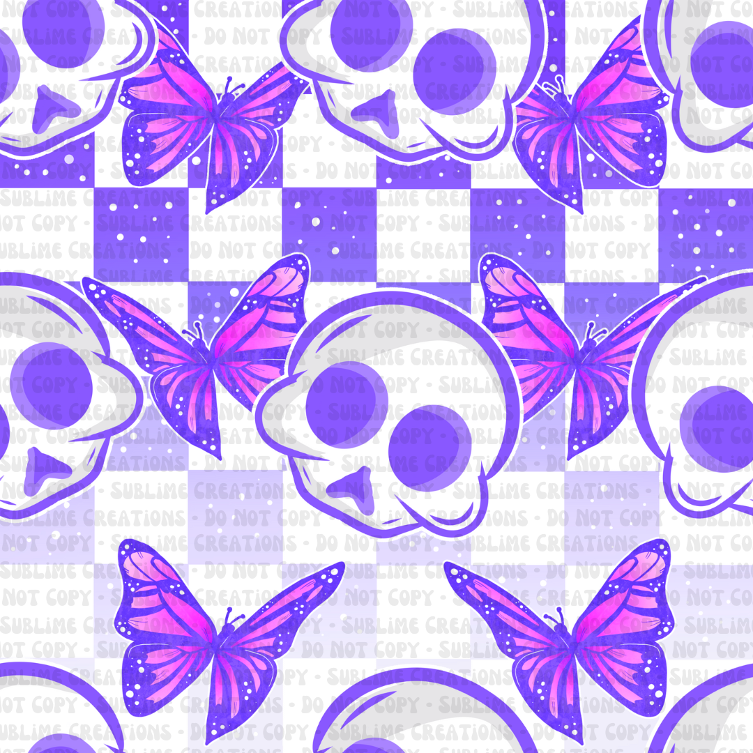 purple skulls + butterflies on checkers