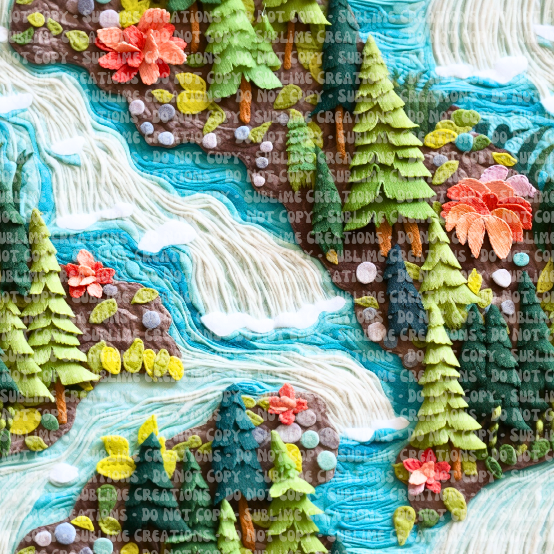 embroidered waterfall forest