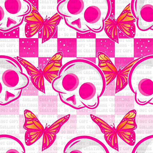 pink skulls + butterflies on checkers