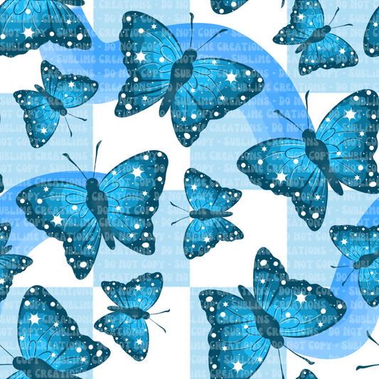 blue butterflies on checkers