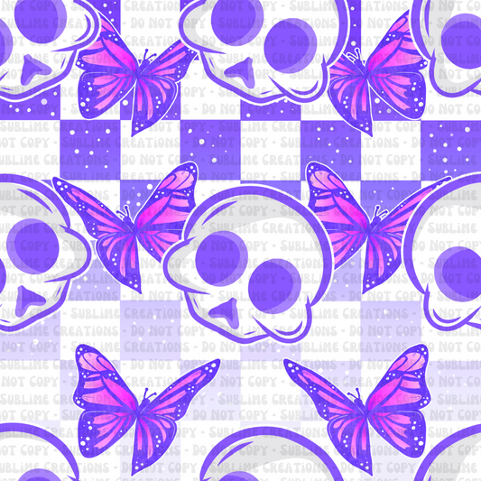 purple skulls + butterflies on checkers